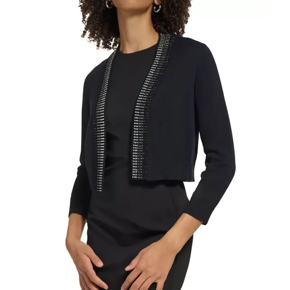 Calvin Klein Beaded-Trim Cropped Shrug Cardigan Sweater Black Size XL